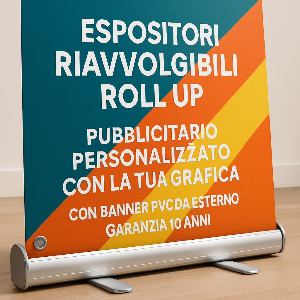 ESPOSITORI RIAVVOLGIBILI ROLL UP - PUBBLICITARIO PERSONALIZZATO CON LA TUA GRAFICA - CON BANNER PVC DA ESTERNO GARANZIA 10 ANNI - 02 dettaglio personalizzazione