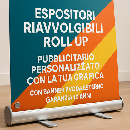 ESPOSITORI RIAVVOLGIBILI ROLL UP - PUBBLICITARIO PERSONALIZZATO CON LA TUA GRAFICA - CON BANNER PVC DA ESTERNO GARANZIA 10 ANNI - 02 dettaglio personalizzazione