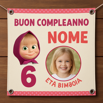 BANNER STRISCIONE compleanno - Masha e Orso - CON NOME foto ed età bimbo/a - 02 dettaglio personalizzazione