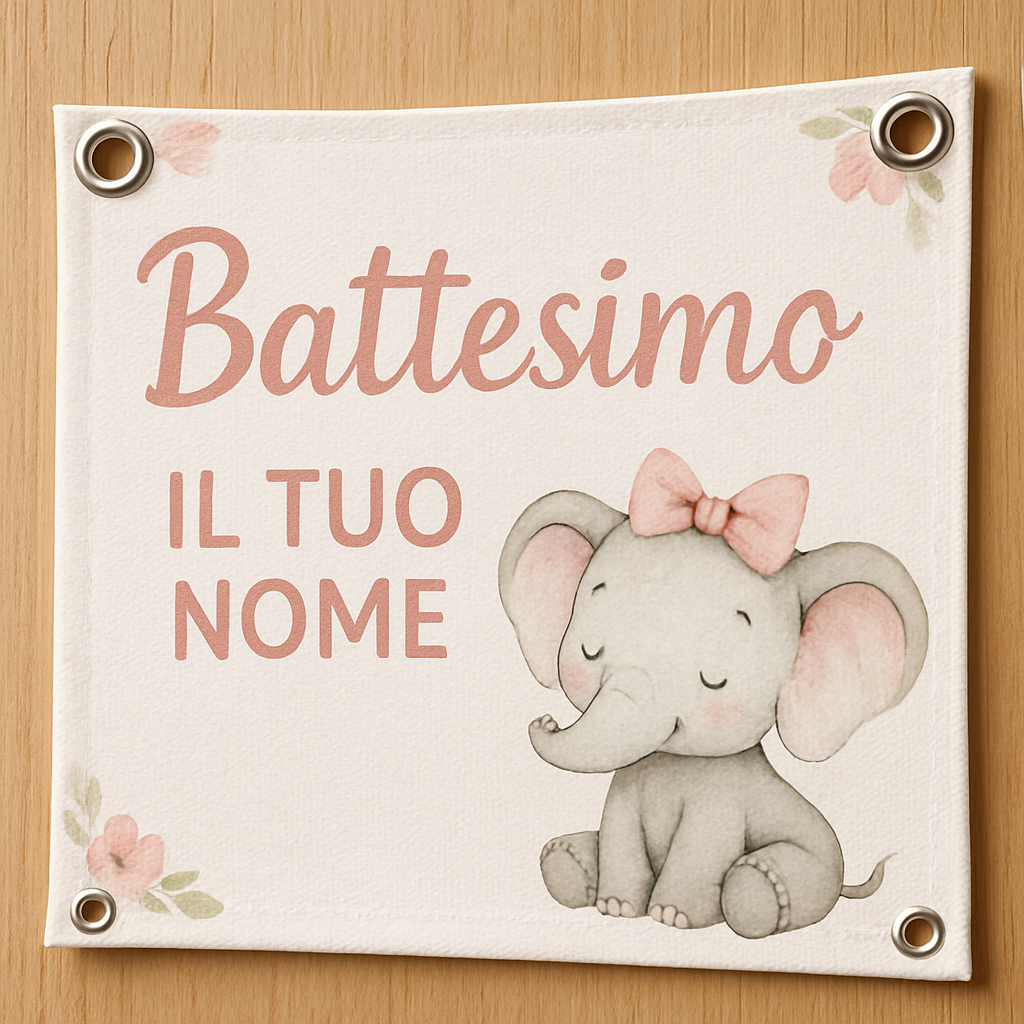 BANNER STRISCIONE BATTESIMO - Elefantina con fiocco - CON IL TUO NOME bimbo - 02 dettaglio personalizzazione
