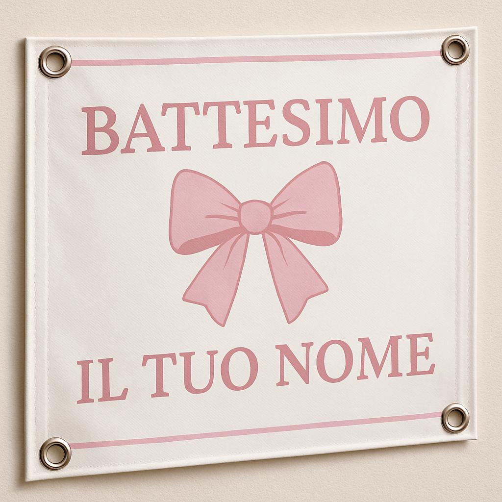 BANNER STRISCIONE BATTESIMO - Fiocco Rosa - CON IL TUO NOME bimbo - 02 dettaglio personalizzazione