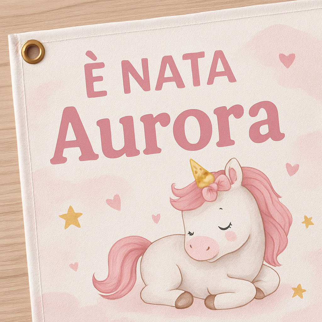 BANNER STRISCIONE NASCITA - Bambina Unicorno - CON IL TUO NOME bimbo neonato - 02 dettaglio personalizzazione