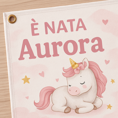 BANNER STRISCIONE NASCITA - Bambina Unicorno - CON IL TUO NOME bimbo neonato - 02 dettaglio personalizzazione