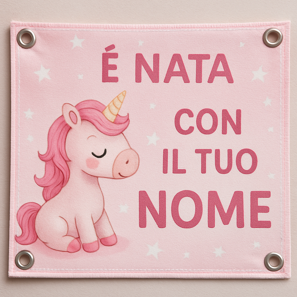 BANNER STRISCIONE NASCITA - Unicorno rosa - CON IL TUO NOME bimbo neonato - 02 dettaglio personalizzazione
