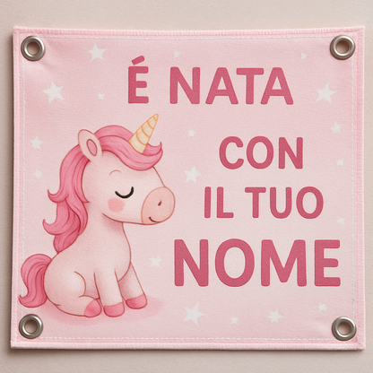 BANNER STRISCIONE NASCITA - Unicorno rosa - CON IL TUO NOME bimbo neonato - 02 dettaglio personalizzazione