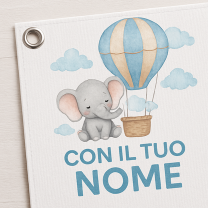 BANNER STRISCIONE NASCITA - Elefantino Mongolfiera - CON IL TUO NOME bimbo neonato - 02 dettaglio personalizzazione