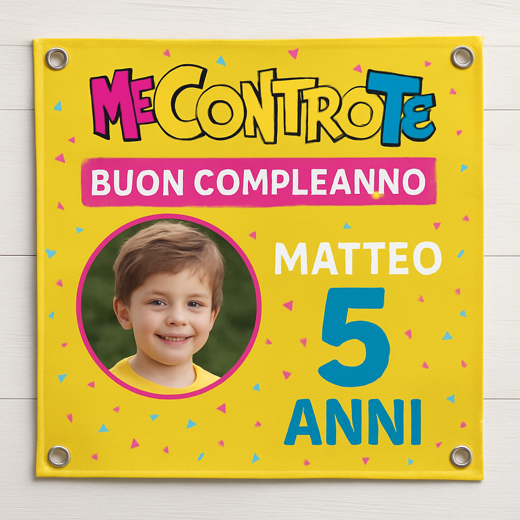 BANNER STRISCIONE compleanno - Me Contro Te - CON NOME foto ed età bimbo/a - 02 dettaglio personalizzazione