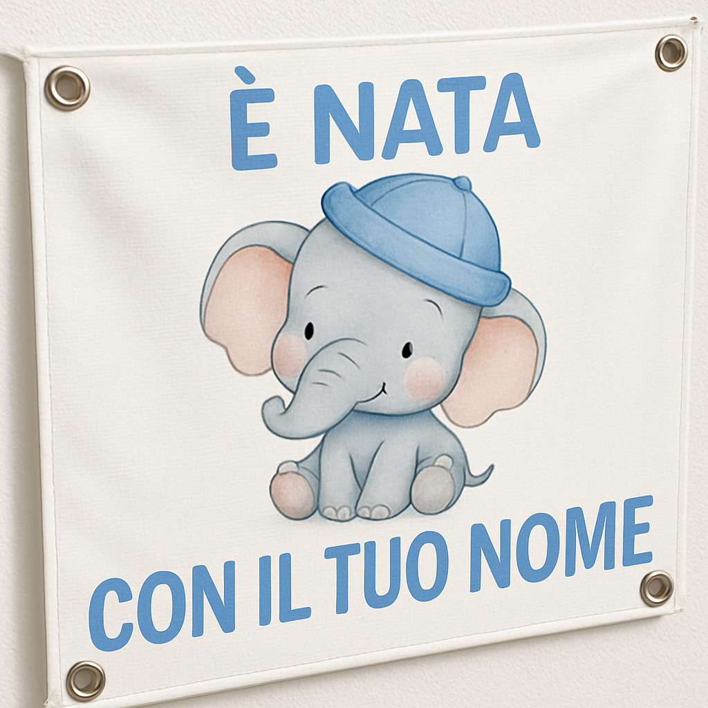 BANNER STRISCIONE NASCITA - Elefantino cappello azzurro - CON IL TUO NOME bimbo neonato - 02 dettaglio personalizzazione