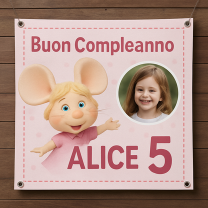 BANNER STRISCIONE compleanno - Topo Gigio Girl - CON NOME foto ed età bimbo/a - 02 dettaglio personalizzazione