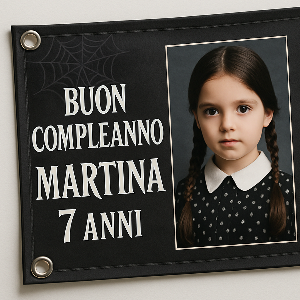 BANNER STRISCIONE compleanno - Mercoledì Addams - CON NOME foto ed età bimbo/a - 02 dettaglio personalizzazione