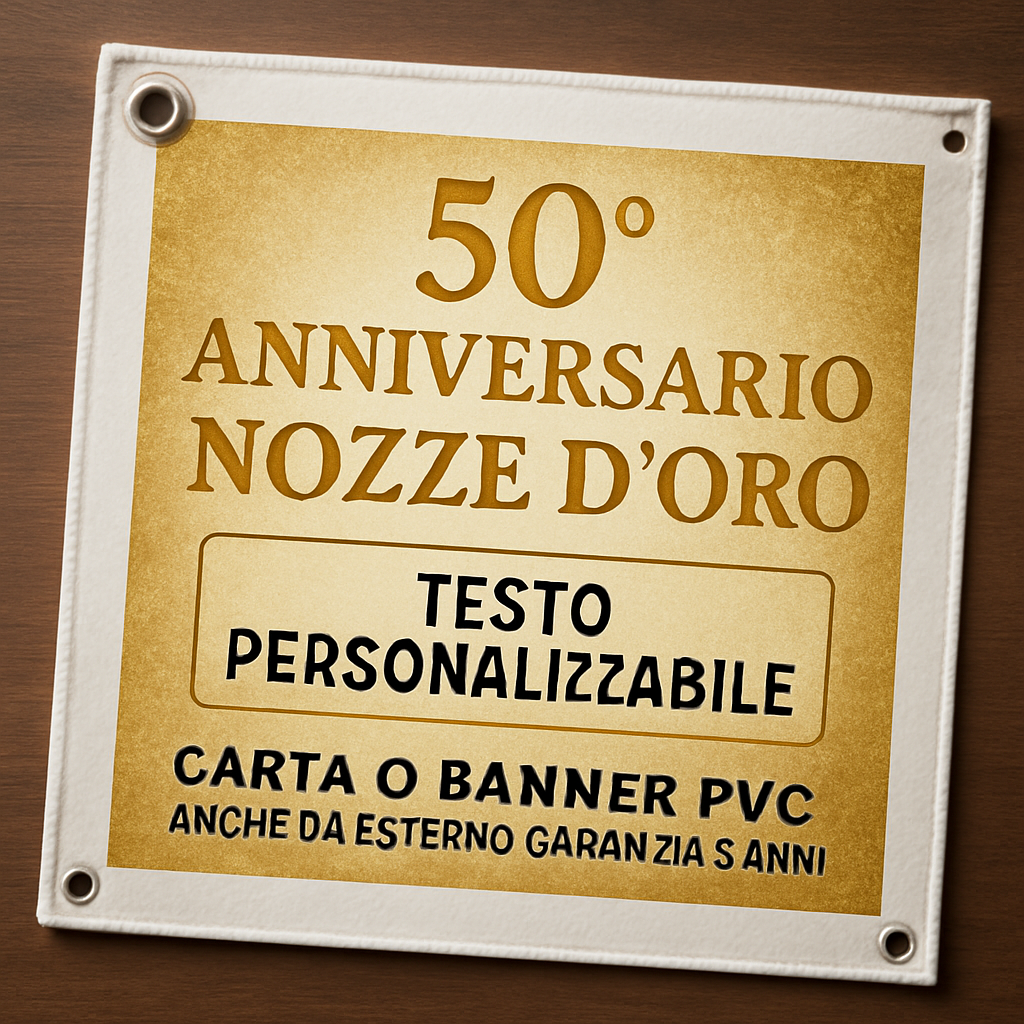 GLOBAL STRISCIONE FONDALE ANNIVERSARIO - NOZZE ORO - IN CARTA O IN BANNER PVC ANCHE DA ESTERNO GARANZIA 5 ANNI - 02 dettaglio personalizzazione