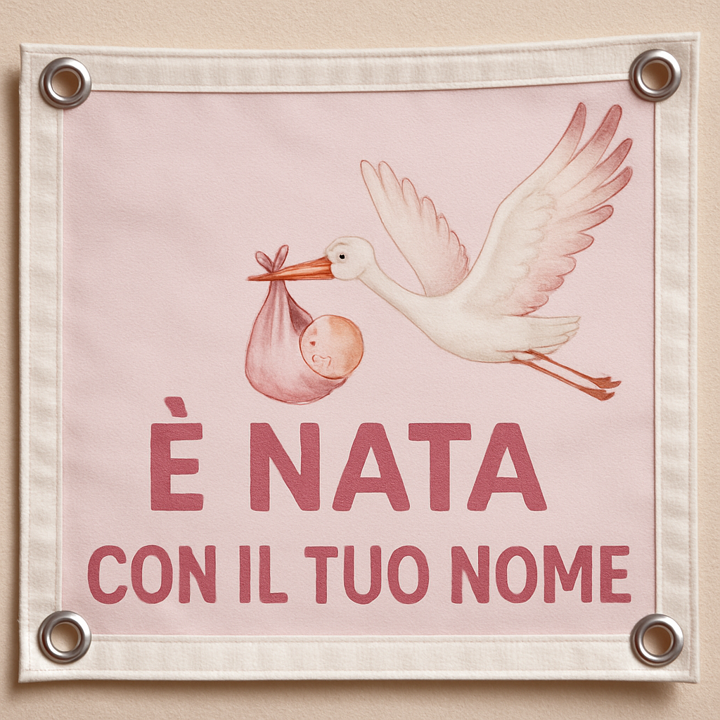BANNER STRISCIONE NASCITA - Cicogna in volo Rosa - CON IL TUO NOME bimbo neonato - 02 dettaglio personalizzazione