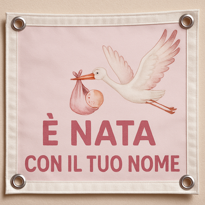 BANNER STRISCIONE NASCITA - Cicogna in volo Rosa - CON IL TUO NOME bimbo neonato - 02 dettaglio personalizzazione
