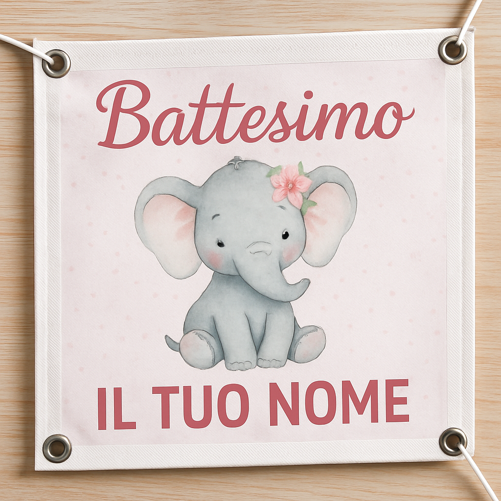 BANNER STRISCIONE BATTESIMO - Elefantina - CON IL TUO NOME bimbo - 02 dettaglio personalizzazione