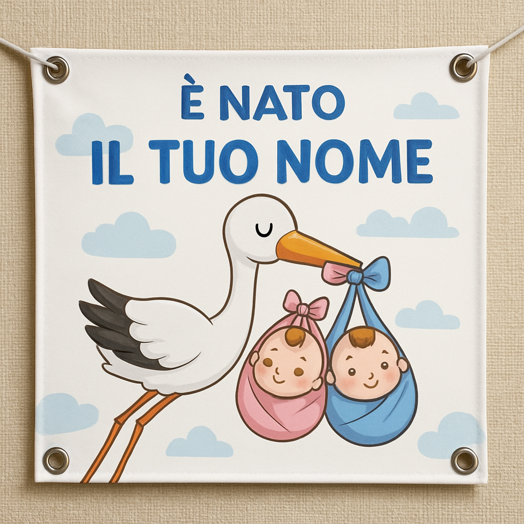 BANNER STRISCIONE NASCITA - Cicogna Gemelli Boy and Girl - CON IL TUO NOME bimbo neonato - 02 dettaglio personalizzazione