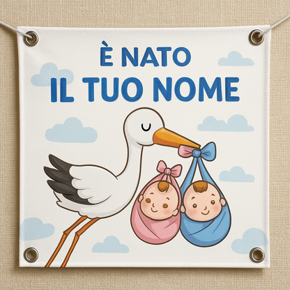 BANNER STRISCIONE NASCITA - Cicogna Gemelli Boy and Girl - CON IL TUO NOME bimbo neonato - 02 dettaglio personalizzazione