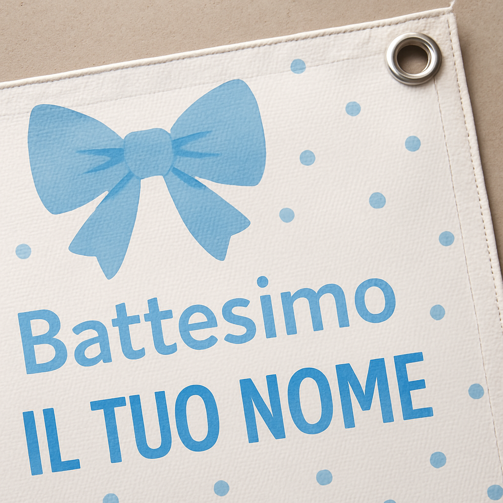 BANNER STRISCIONE BATTESIMO - Fiocco Azzurro - CON IL TUO NOME bimbo - 02 dettaglio personalizzazione