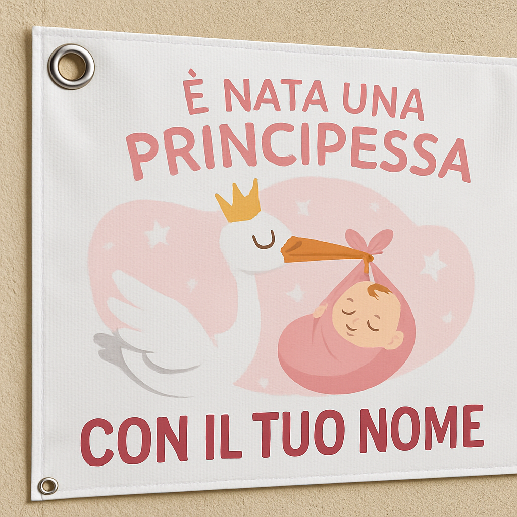 BANNER STRISCIONE NASCITA - Principessa Cicogna - CON IL TUO NOME bimbo neonato - 02 dettaglio personalizzazione