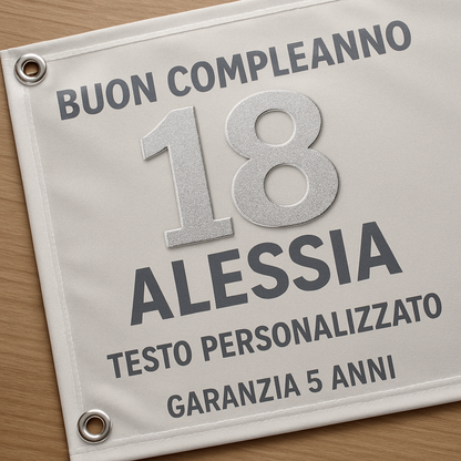 GLOBAL STRISCIONE FONDALE COMPLEANNO - 18 Anni Compleanno Silver - STRISCIONE PERSONALIZZATO IN CARTA O IN BANNER PVC ANCHE DA ESTERNO GARANZIA 5 ANNI - 02 dettaglio personalizzazione