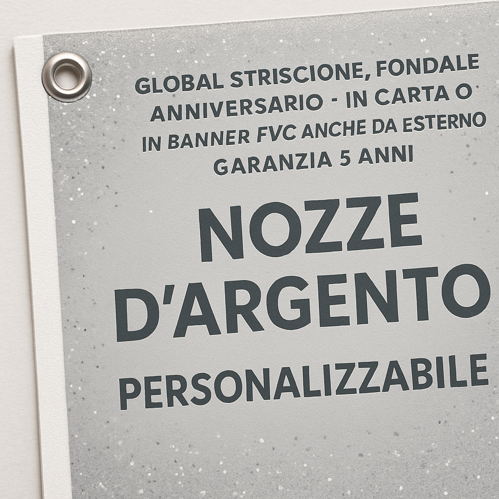 GLOBAL STRISCIONE FONDALE ANNIVERSARIO - NOZZE ARGENTO - IN CARTA O IN BANNER PVC ANCHE DA ESTERNO GARANZIA 5 ANNI - 02 dettaglio personalizzazione