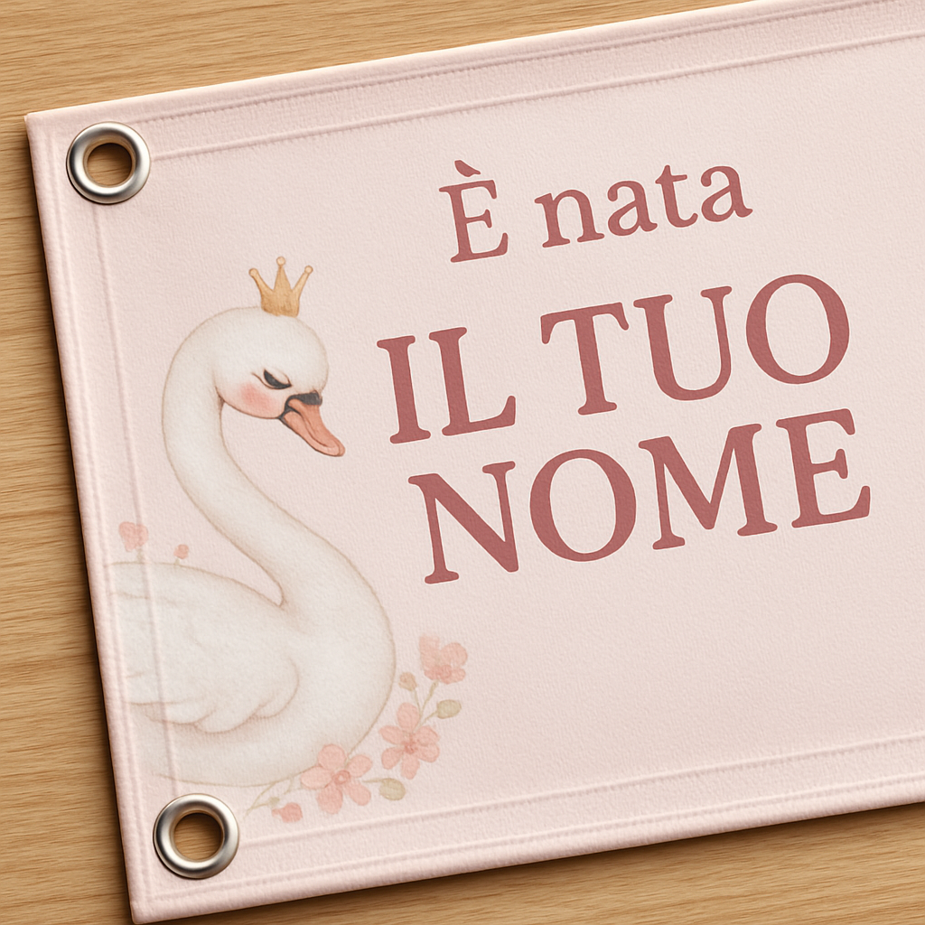 BANNER STRISCIONE NASCITA - Cigno Bambina - CON IL TUO NOME bimbo neonato - 02 dettaglio personalizzazione