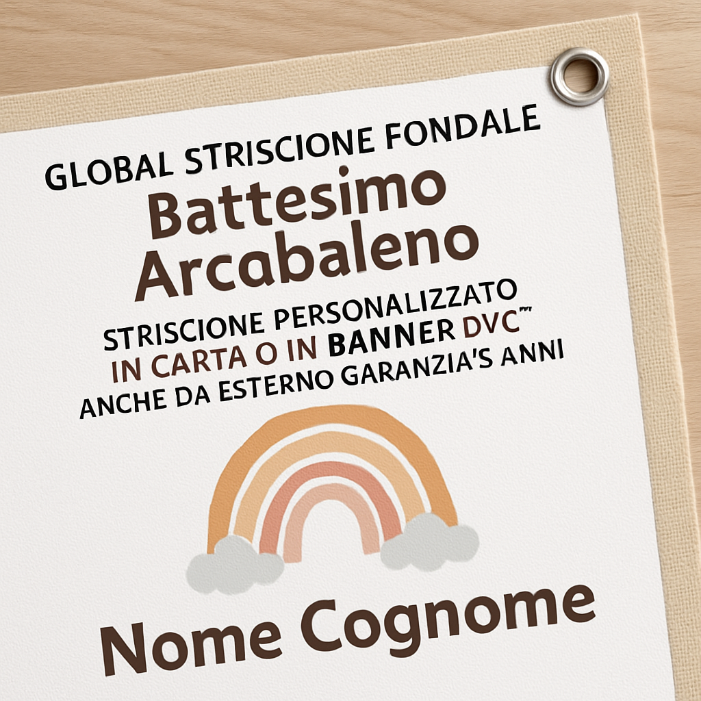 GLOBAL STRISCIONE FONDALE BATTESIMO - Battesimo Arcobaleno - STRISCIONE PERSONALIZZATO IN CARTA O IN BANNER PVC ANCHE DA ESTERNO GARANZIA 5 ANNI - 02 dettaglio personalizzazione