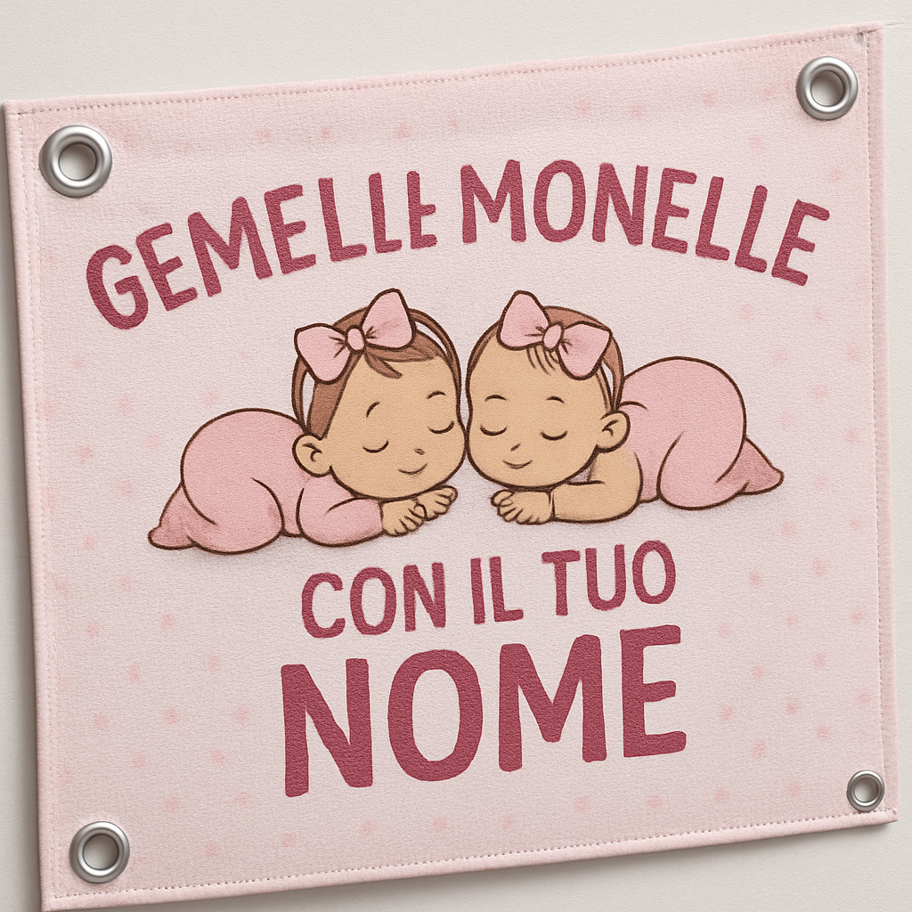 BANNER STRISCIONE NASCITA - Gemelle Monelle - CON IL TUO NOME bimbo neonato - 02 dettaglio personalizzazione