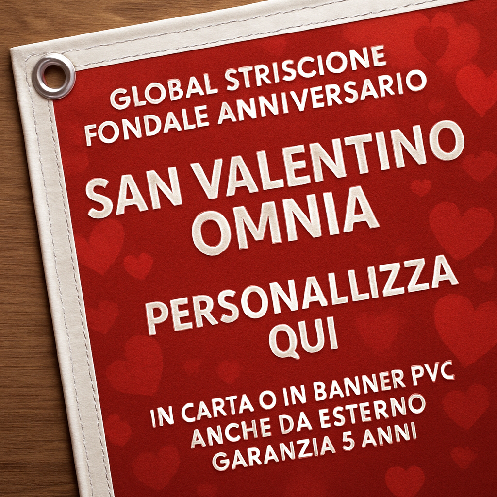 GLOBAL STRISCIONE FONDALE ANNIVERSARIO - SAN VALENTINO OMNIA - IN CARTA O IN BANNER PVC ANCHE DA ESTERNO GARANZIA 5 ANNI - 02 dettaglio personalizzazione