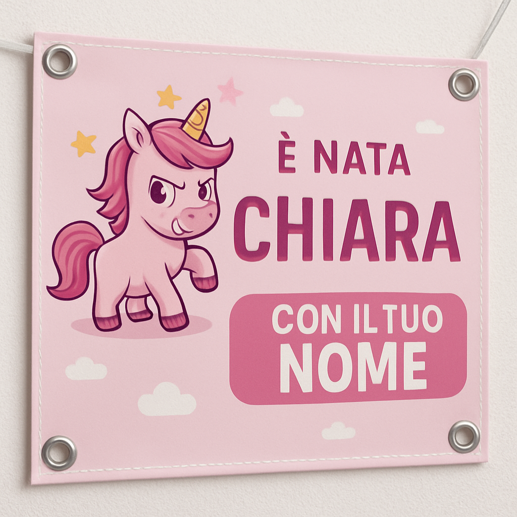 BANNER STRISCIONE NASCITA - Unicorno monello rosa - CON IL TUO NOME bimbo neonato - 02 dettaglio personalizzazione