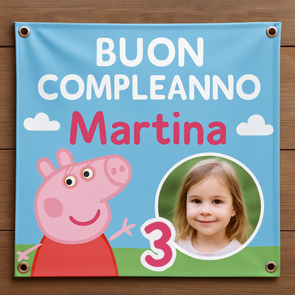BANNER STRISCIONE compleanno - Peppa Pig - CON NOME foto ed età bimbo/a - 02 dettaglio personalizzazione