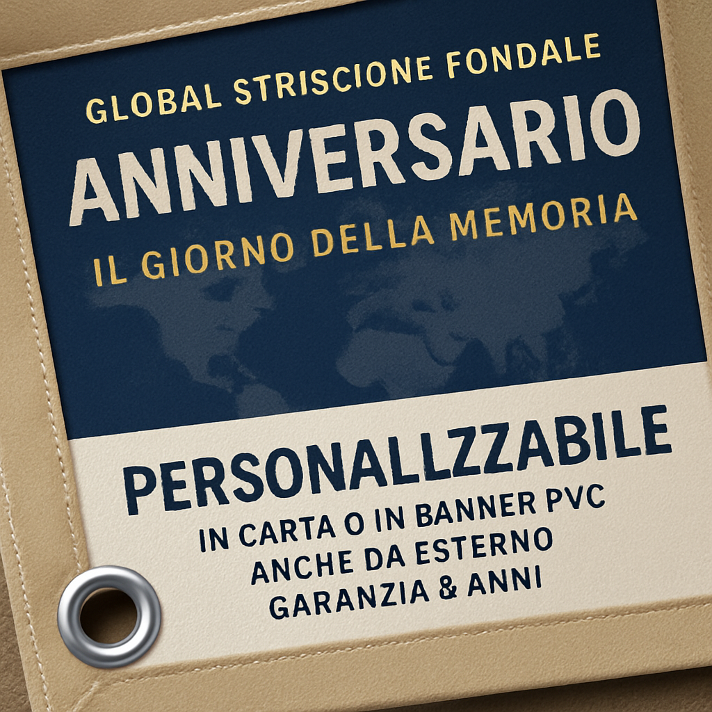 GLOBAL STRISCIONE FONDALE ANNIVERSARIO - IL GIORNO DELLA MEMORIA - IN CARTA O IN BANNER PVC ANCHE DA ESTERNO GARANZIA 5 ANNI - 02 dettaglio personalizzazione
