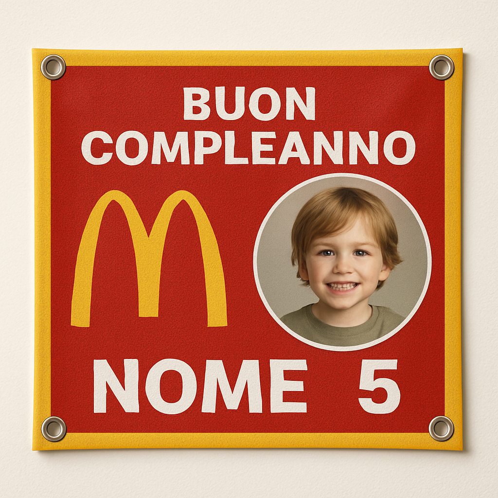 BANNER STRISCIONE compleanno - McDonald’s - CON NOME foto ed età bimbo/a - 02 dettaglio personalizzazione