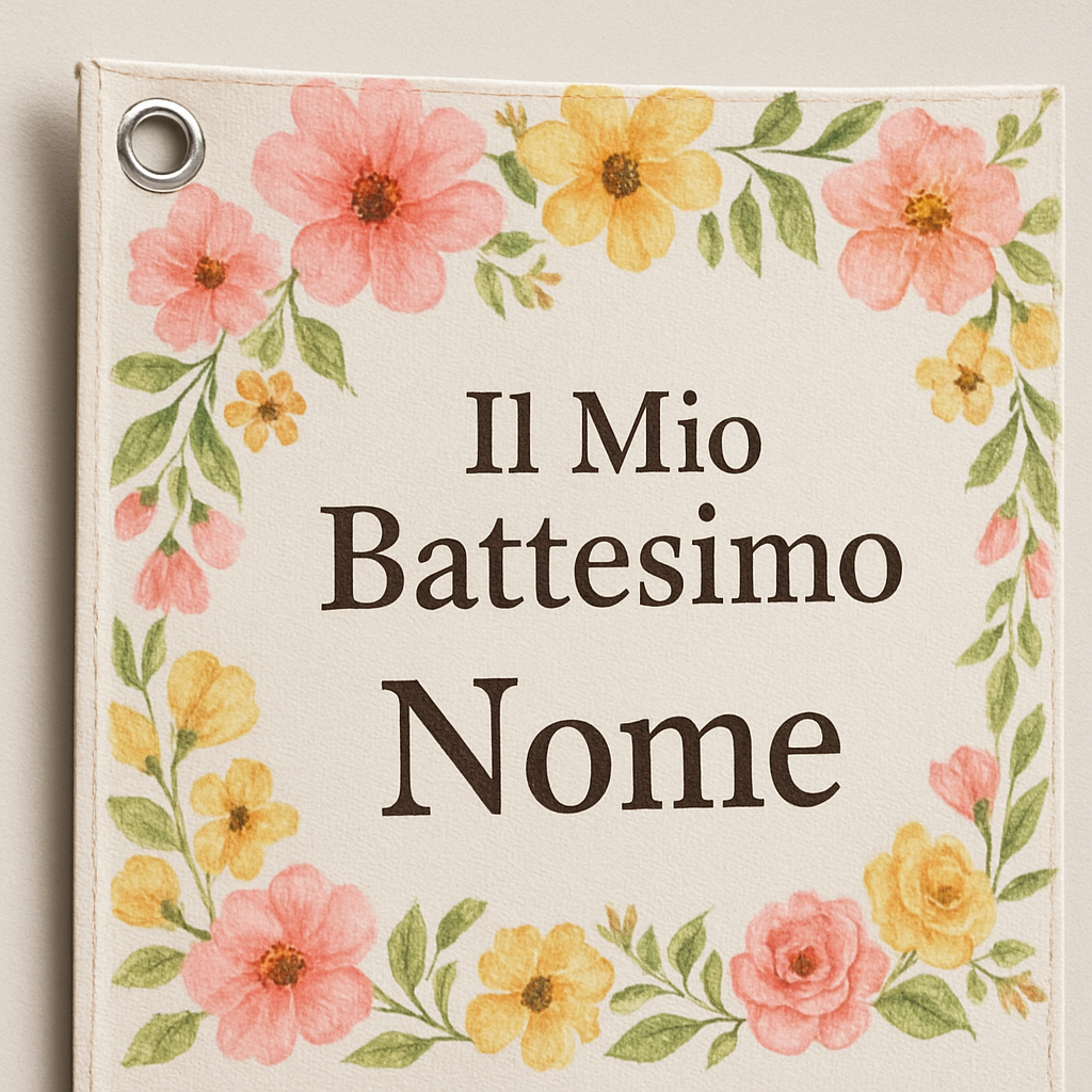 BANNER STRISCIONE BATTESIMO - Fiori rosa e gialli - CON IL TUO NOME bimbo - 02 dettaglio personalizzazione