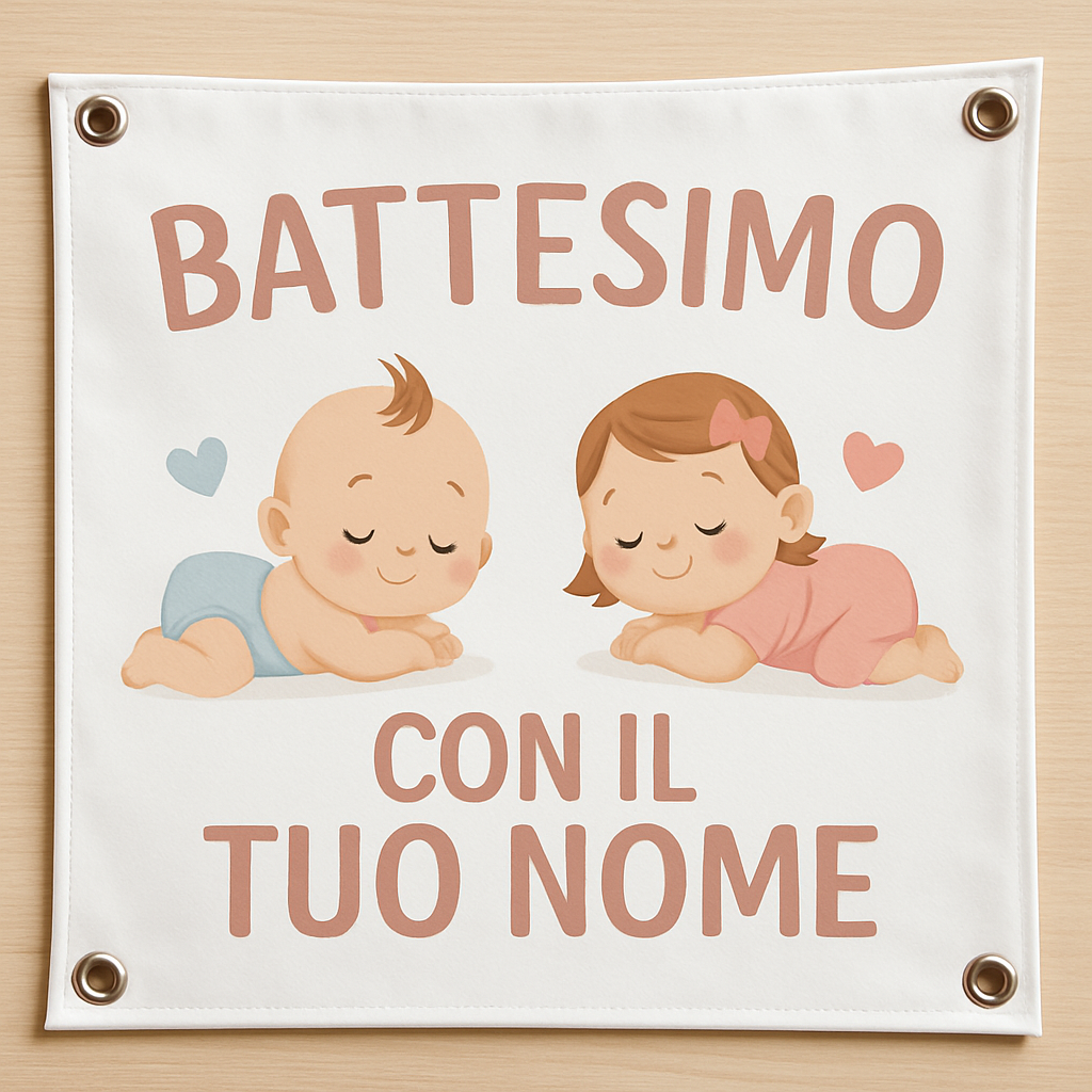 BANNER STRISCIONE BATTESIMO - Gemelli Boy and Girl - CON IL TUO NOME bimbo - 02 dettaglio personalizzazione