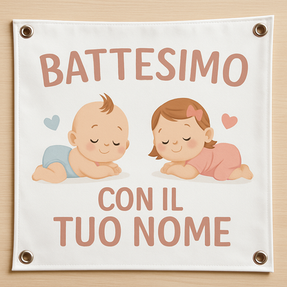 BANNER STRISCIONE BATTESIMO - Gemelli Boy and Girl - CON IL TUO NOME bimbo - 02 dettaglio personalizzazione