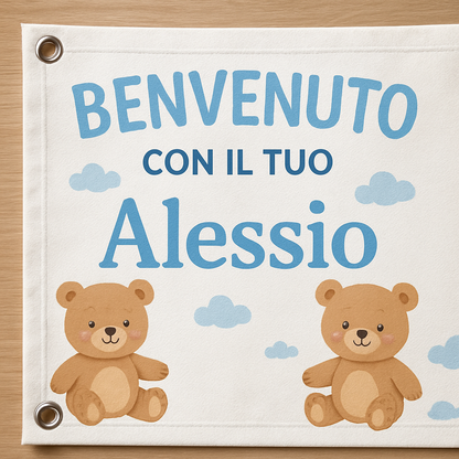 BANNER STRISCIONE NASCITA - BENVENUTO Orsetti - CON IL TUO NOME bimbo neonato - 02 dettaglio personalizzazione