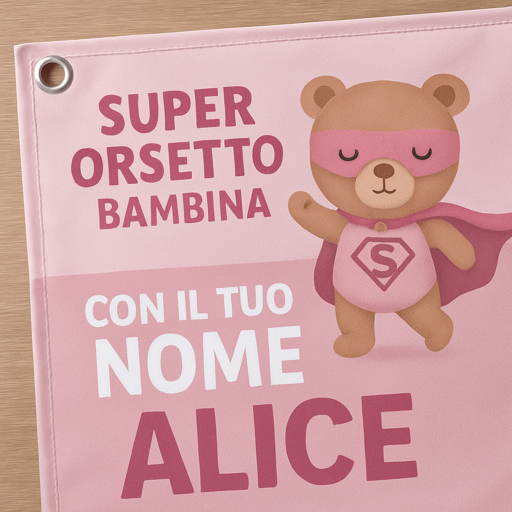 BANNER STRISCIONE NASCITA - Super Orsetto bambina - CON IL TUO NOME bimbo neonato - 02 dettaglio personalizzazione