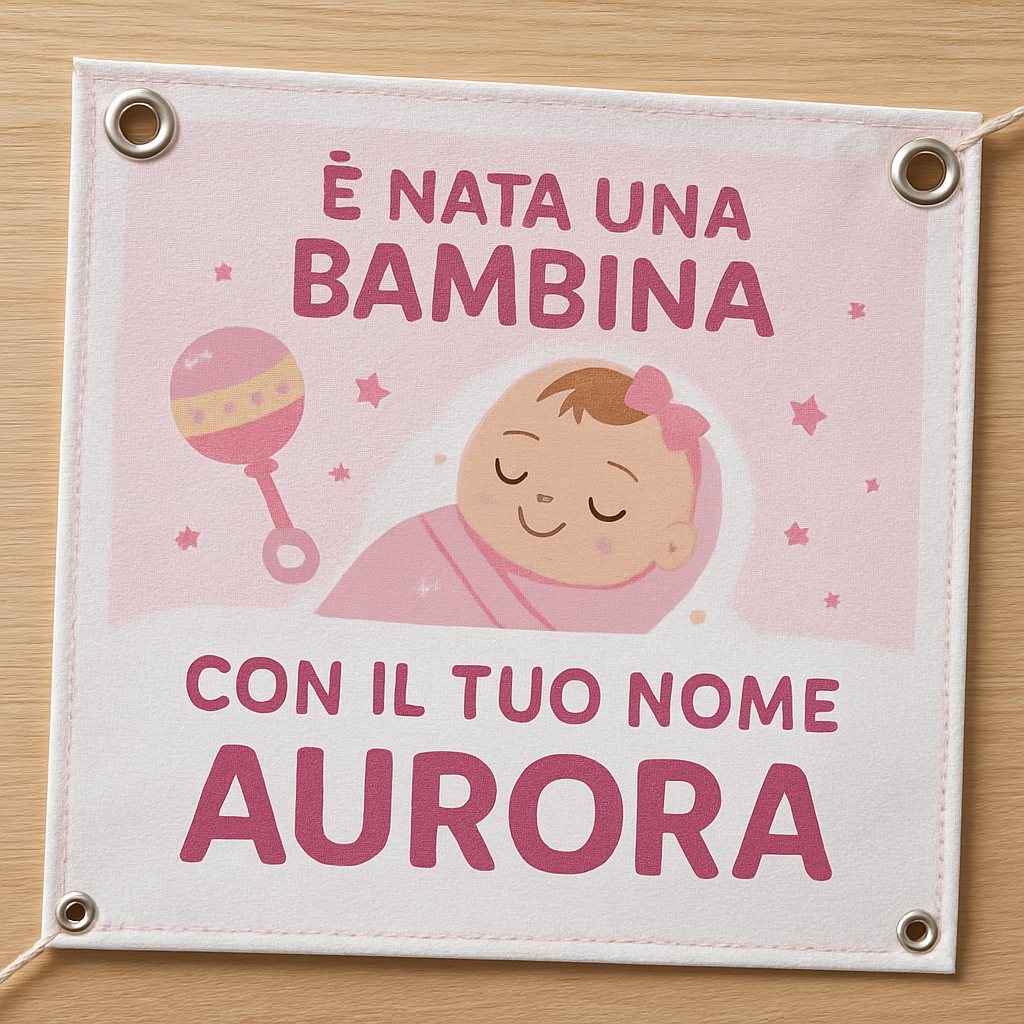 BANNER STRISCIONE NASCITA - Bambina sonaglio - CON IL TUO NOME bimbo neonato - 02 dettaglio personalizzazione