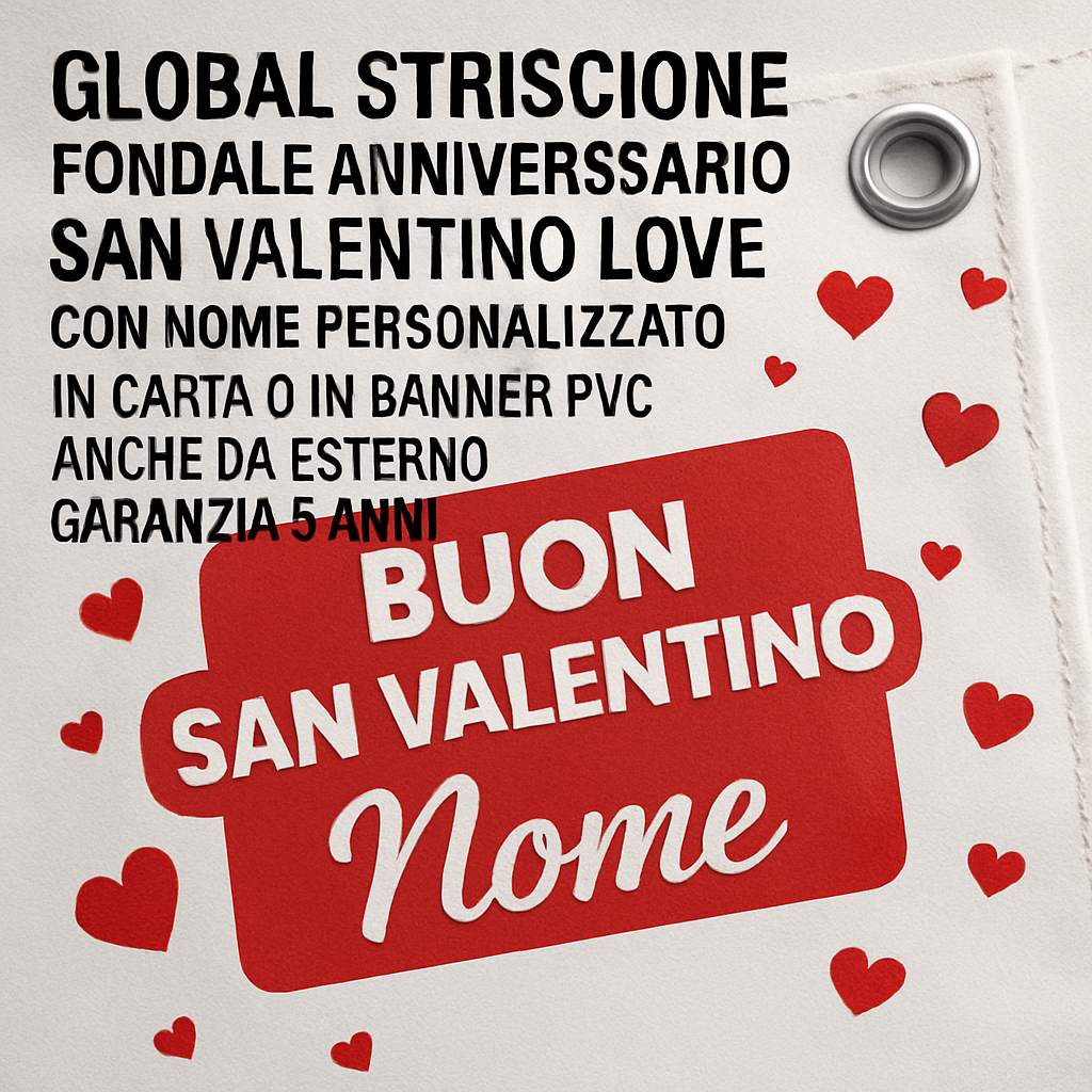 GLOBAL STRISCIONE FONDALE ANNIVERSARIO - SAN VALENTINO LOVE CON NOME PERSONALIZZATO - IN CARTA O IN BANNER PVC ANCHE DA ESTERNO GARANZIA 5 ANNI - 02 dettaglio personalizzazione