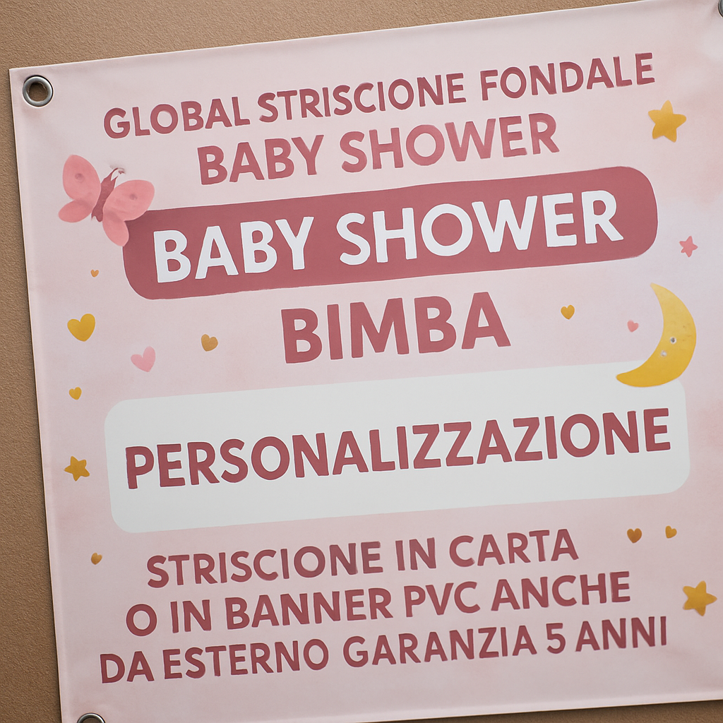 GLOBAL STRISCIONE FONDALE BABY SHOWER - Baby Shower Bimba - STRISCIONE IN CARTA O IN BANNER PVC ANCHE DA ESTERNO GARANZIA 5 ANNI - 02 dettaglio personalizzazione