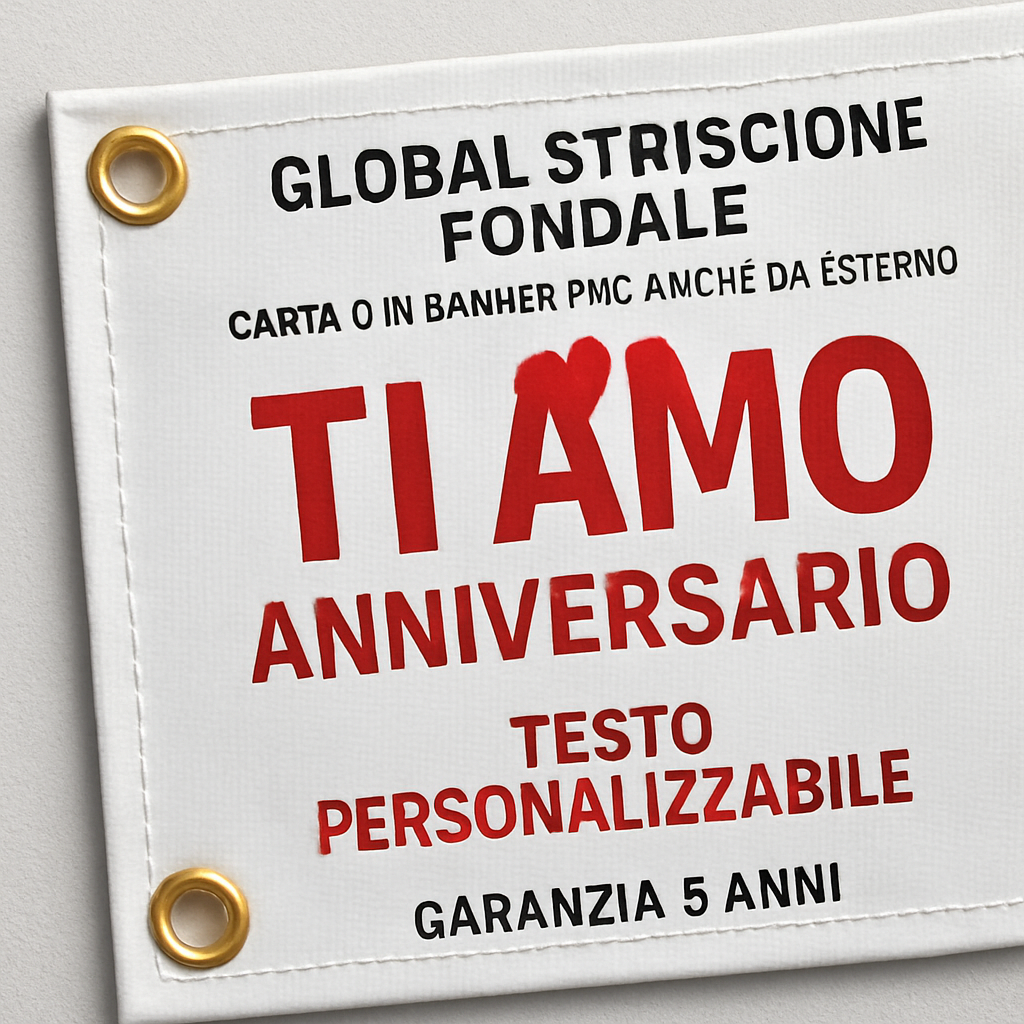 GLOBAL STRISCIONE FONDALE ANNIVERSARIO - TI AMO - IN CARTA O IN BANNER PVC ANCHE DA ESTERNO GARANZIA 5 ANNI - 02 dettaglio personalizzazione