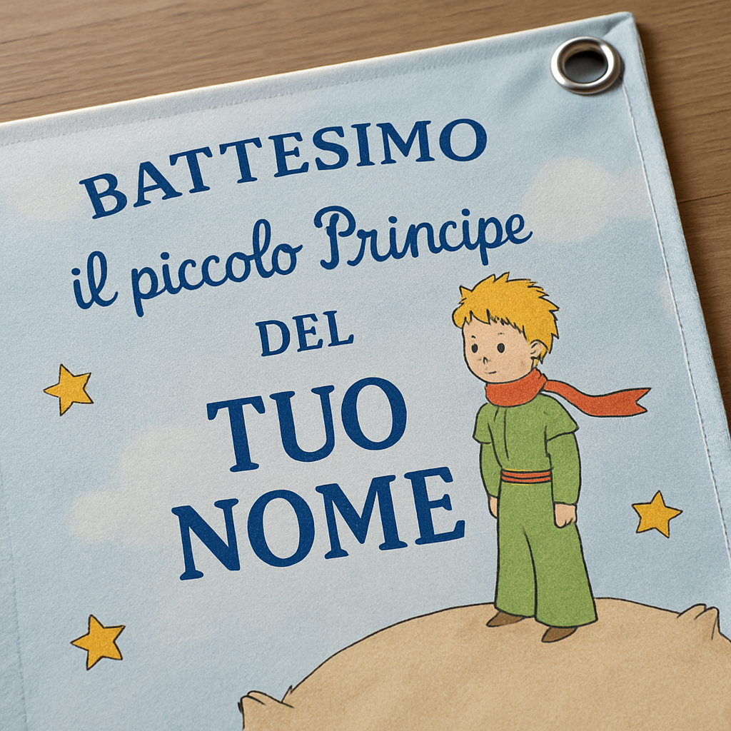 BANNER STRISCIONE BATTESIMO - il piccolo principe mod.3 - CON IL TUO NOME bimbo - 02 dettaglio personalizzazione