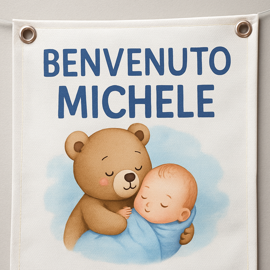 BANNER STRISCIONE NASCITA - Bambino orsetto - CON IL TUO NOME bimbo neonato - 02 dettaglio personalizzazione