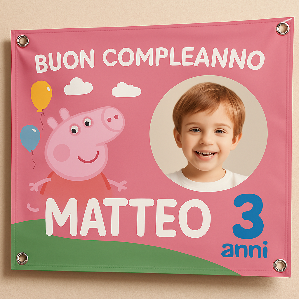 BANNER STRISCIONE compleanno - Peppa Pig - CON NOME foto ed età bimbo/a - 02 dettaglio personalizzazione