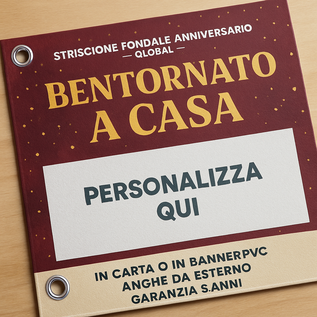 GLOBAL STRISCIONE FONDALE ANNIVERSARIO - BENTORNATO A CASA - IN CARTA O IN BANNER PVC ANCHE DA ESTERNO GARANZIA 5 ANNI - 02 dettaglio personalizzazione