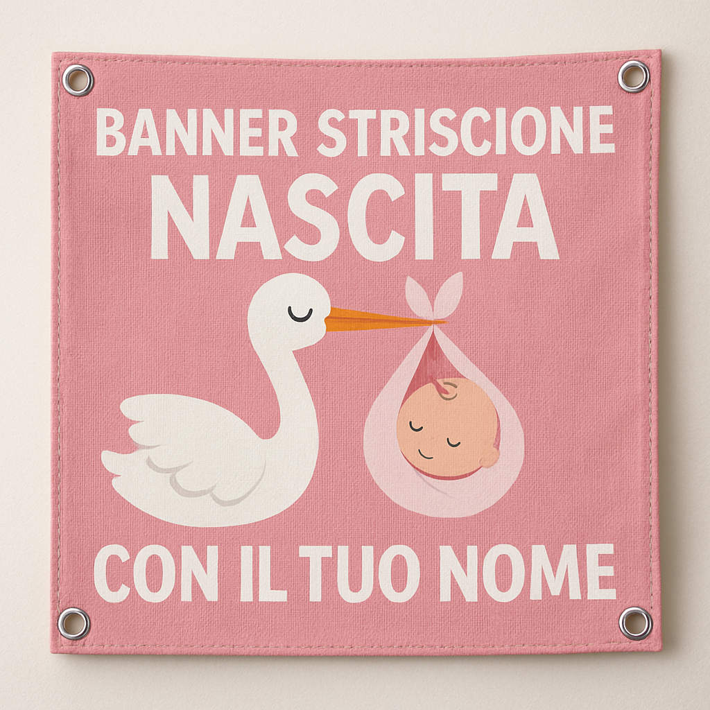 BANNER STRISCIONE NASCITA - Cicogna rosa - CON IL TUO NOME bimbo neonato - 02 dettaglio personalizzazione