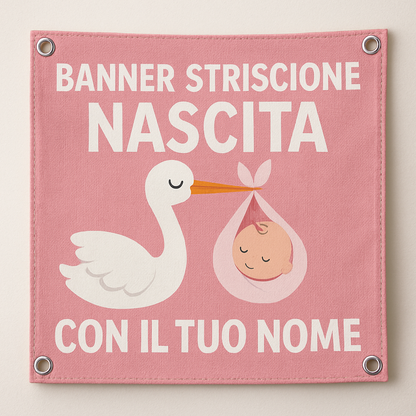 BANNER STRISCIONE NASCITA - Cicogna rosa - CON IL TUO NOME bimbo neonato - 02 dettaglio personalizzazione