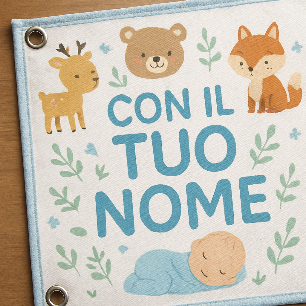 BANNER STRISCIONE NASCITA - Animaletti - CON IL TUO NOME bimbo neonato - 02 dettaglio personalizzazione