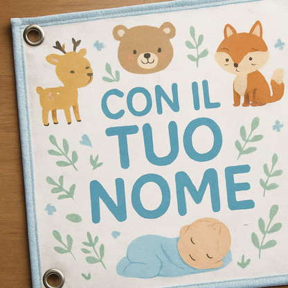 BANNER STRISCIONE NASCITA - Animaletti - CON IL TUO NOME bimbo neonato - 02 dettaglio personalizzazione