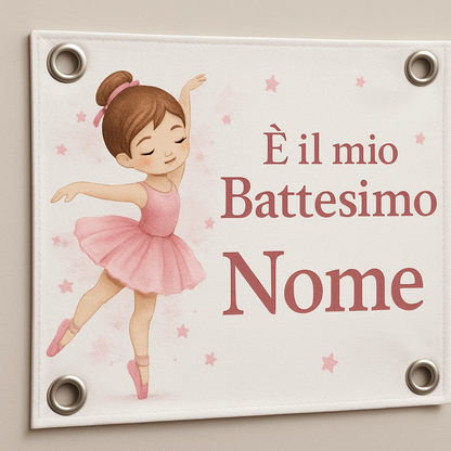 BANNER STRISCIONE BATTESIMO - Ballerina Rosa - CON IL TUO NOME bimbo - 02 dettaglio personalizzazione